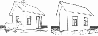 Рис. 1.1. Эскиз рисунка деревенского домика, подготовленный средствами двумерной графики (слева); если требуется нарисовать тот же домик с тыльной стороны, всю работу нужно повторять заново (справа)