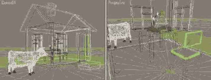 Рис.1.2. Геометрические модели объектов сцены с деревенским домиком при взгляде снаружи (слева) и изнутри помещения {справа)