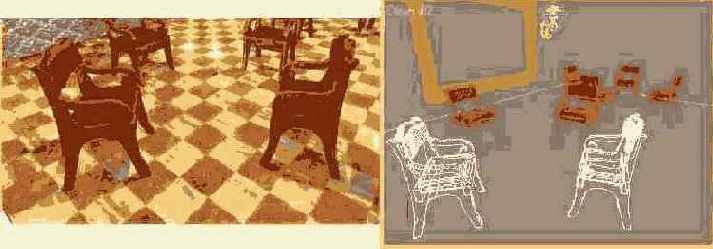 Рис. 15.8. Изображение области сцены (слева), ограниченной двумя выделенными креслами (справа), визуализировано в режиме Box Selected